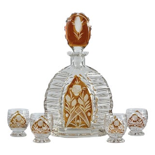 Art Deco Amber Overlay Cut Crystal Decanter & Cordial Glasses, 1930s, Set of 5 For Sale