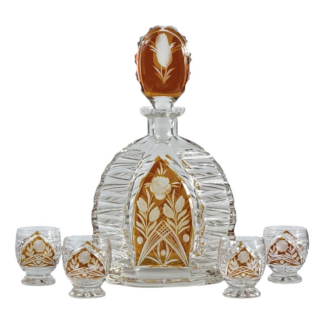 Art Deco Amber Overlay Cut Crystal Decanter & Cordial Glasses, 1930s, Set of 5 For Sale