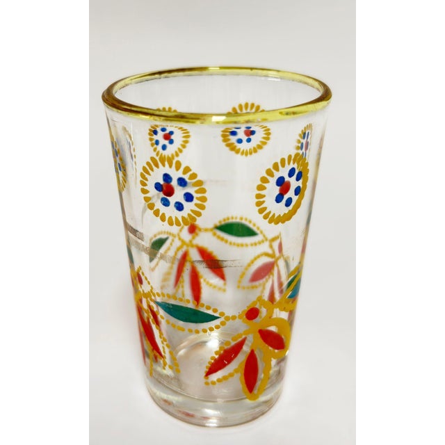 Set of 6 Moroccan Tea Glasses, Hand-Decorated Moorish Motifs, circa 1960s A vibrant set of six vintage Moroccan tea...