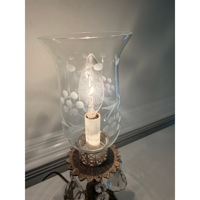 Pair of Vintage Brass Accent Lamps With Chandelier Crystal Prisms & Etched Glass Shades For Sale - Image 9 of 12