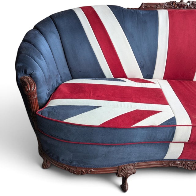 Vintage Union Jack Upholstered Sofa With Ornate Carved Wood Frame For Sale - Image 18 of 18