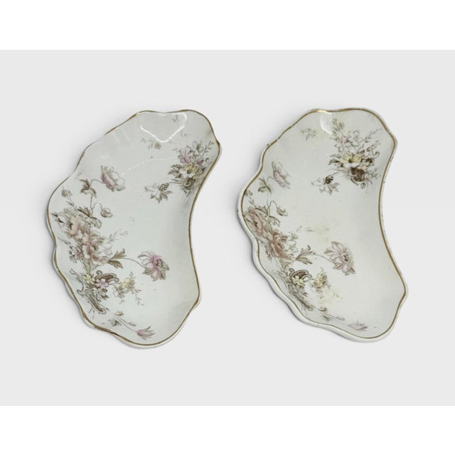 Victorian English Alfred Meakin Crescent Semi-Porcelain Bone Dishes With Scalloped Rims, Gold Trim, Floral Transferware...