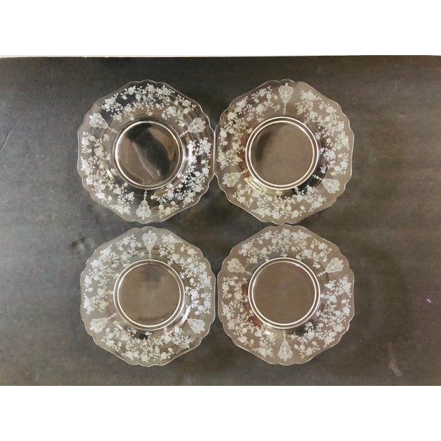 Vintage set of 4 etched glass with floral design (Rose) salad plates , knowing to be Cambridge glass company “ Rose point”...