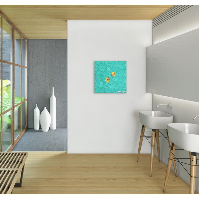 Turquoise Original Textured Square Painting Swimmers in Water ''Going Nowhere Day 4'' Original Blue Ocean 3-D Acrylic on Canvas Artwork by Elizabeth Langreiter For Sale - Image 8 of 9