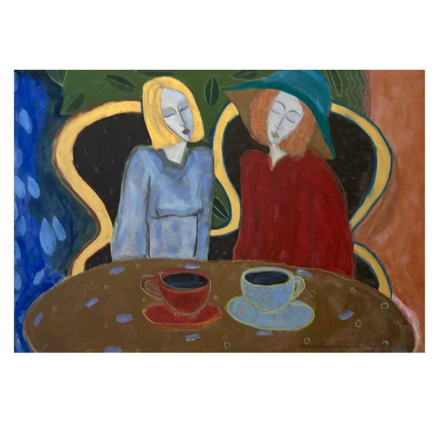 A whimsical painting depicting two women sharing coffee. The work is oil on canvas and it painted on strong colorful...