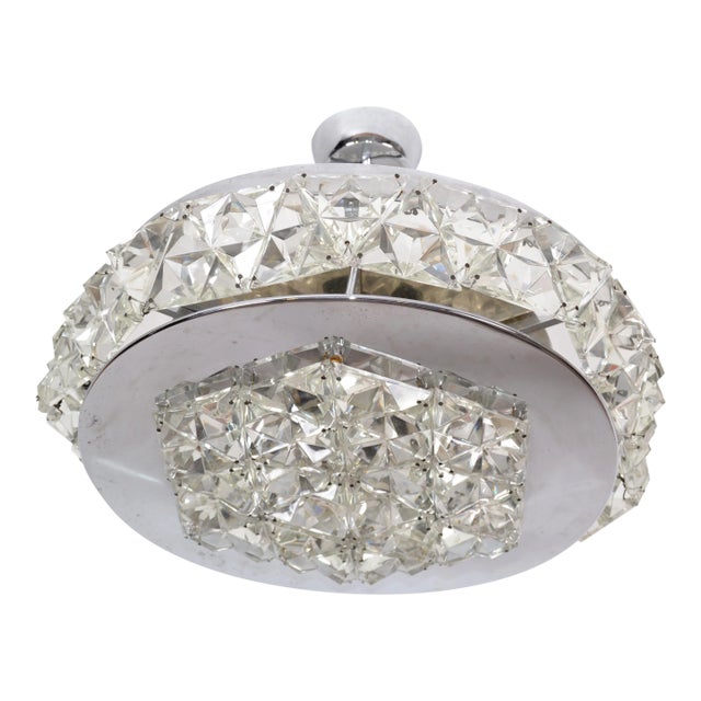 1970s Kinkeldey German Mid-Century Modern Chrome & Crystal Flush Mount Ceiling Light Fixture For Sale