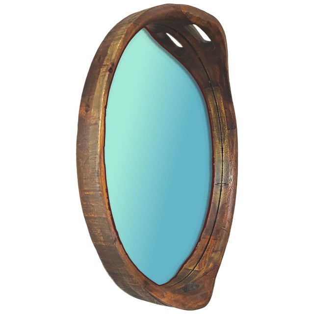 A Pair of Rustic Hand Hewn Farmhouse Wooden Serving Tray Style Wall Mirrors For Sale - Image 12 of 14