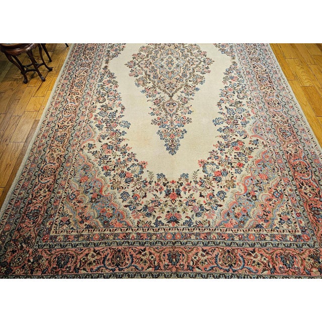 Vintage Oversized Persian Qazvin Area Rug, Hand-Knotted Wool, Floral Medallion, 10x20, Ivory & Blue For Sale - Image 9 of 18