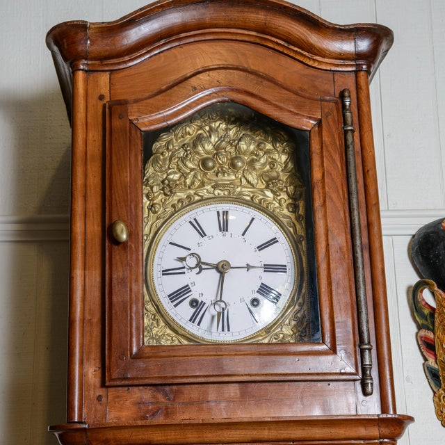 Brown French Cherry Grandfathers Clock, Brass Face and Striking Bell For Sale - Image 8 of 10
