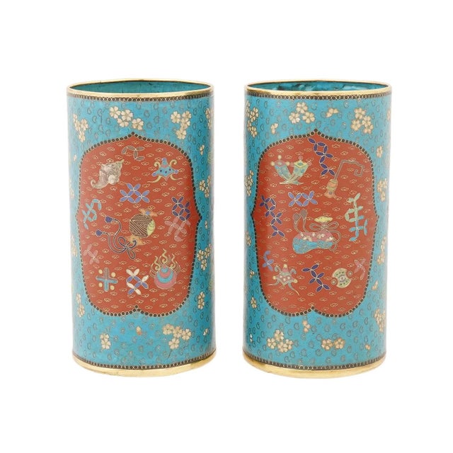 Antique Pair of Japanese Meiji Era Cloisonné Enamel Brush Pots For Sale - Image 4 of 7