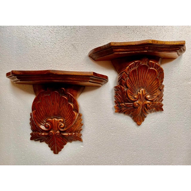 Pair of Vintage Mid-Century Hand-Carved Wooden Wall Shelves Features an Ornate, Deeply Detailed Scalloped Shell Design With a Rich, Warm Wood Finish. For Sale - Image 4 of 15