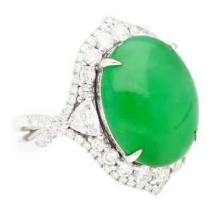 Gia Certified 14.68 Carat Grade a Jadeite Jade Ring With Diamond in 18k Gold Size 6