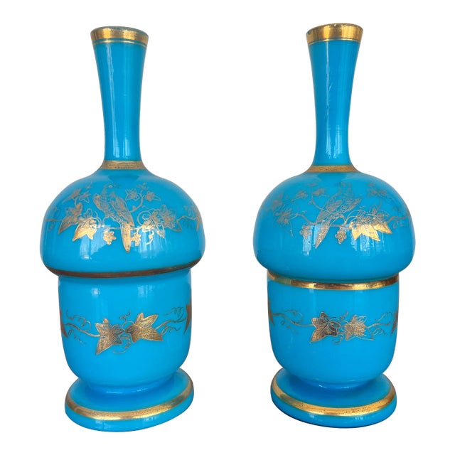 Pair, French Opaline & Gilt Decorated Vases For Sale