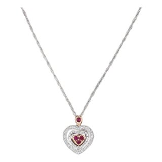 0.44ctw Ruby Diamond Halo Heart Pendant Necklace 18k White Rose Gold 18" For Sale