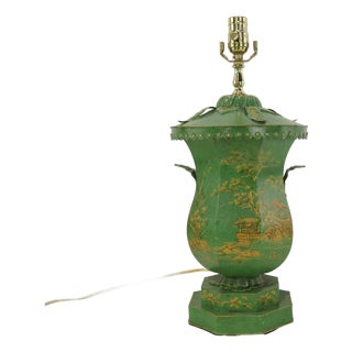 Vintage Handcrafted Forged Iron Green Hand-Painted Gold Chinoiserie Table Lamp. For Sale