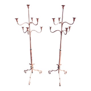Pair of Early 20th Century Spanish Colonial Standing Wrought Iron Candelabras For Sale
