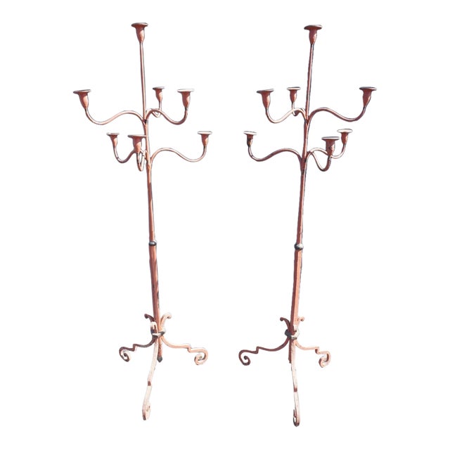 Pair of Early 20th Century Spanish Colonial Standing Wrought Iron Candelabras For Sale