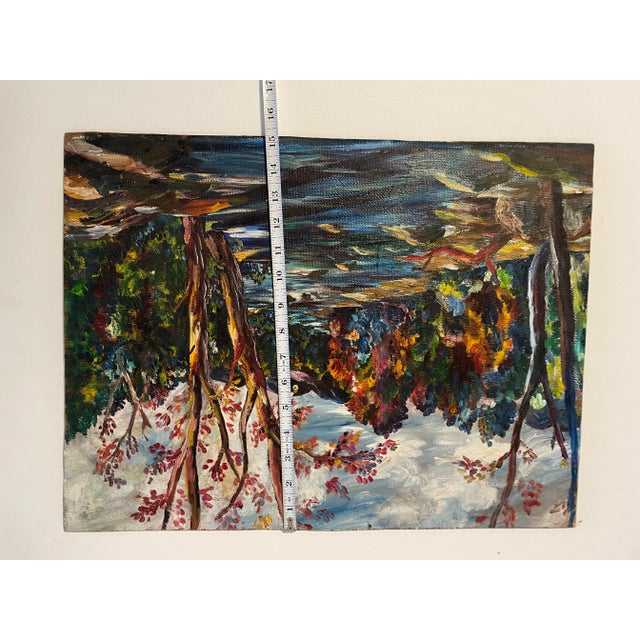 Plastic Mid-Century Colorful Sunset Forest and River Landscape , Acrylic on Fiberboard Painting For Sale - Image 7 of 7