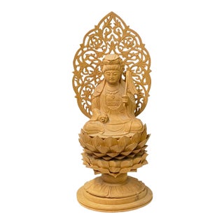 Chinese Sandal Wood Lotus Base Kwan Yin Bodhisattva Statue For Sale