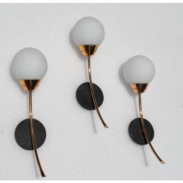 Stilnovo Set of 3 Sconces Style of Stilnovo Brass & Round Blown Opaline Shade France 1960 For Sale - Image 4 of 13