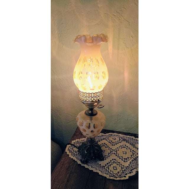 Fenton Art Glass Company Vintage Fenton Honeysuckle Topez Opalescent Coin Dot Hurricane Parlor Lamp For Sale - Image 4 of 5