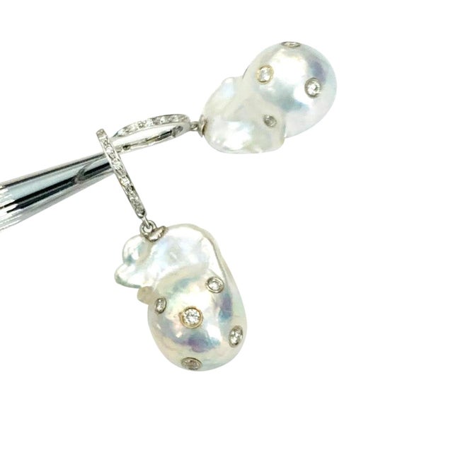 White Diamond Fresh Water Pearl Earrings 14k Gold Large Certified For Sale - Image 8 of 8