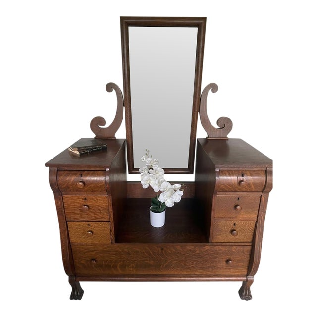Antique American Solid Tiger Oak Drop-Center Vanity Dressing Table With Lion's Paw Feet For Sale
