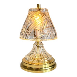 Vintage Cut Glass Table Lamp With Intricate Swirl & Floral Pattern, Gold-Tone Base For Sale