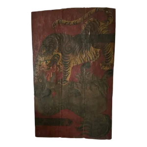 Antique Tibetan Painted Door Panel Tiger Red