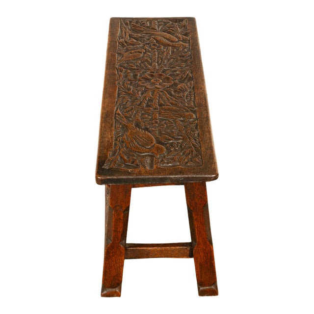 Brown Antique English Carved Oak Arts & Crafts Hall Bench Seat 'Birds in a Tree' 1900 For Sale - Image 8 of 14