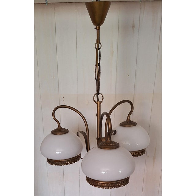 Vintage Three-Light Ceiling Lamp with Brass Frame and White Glass Shades, 1980s For Sale - Image 4 of 7