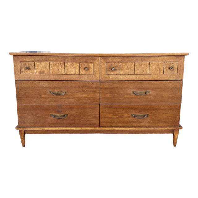 1960s Mid Century Walnut and Burlwood Dresser by Lane For Sale