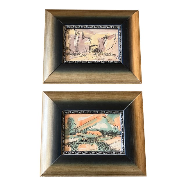 1960’s 2 Original Abstract Southwest Landscape Pen & Ink Drawing/Watercolor Painting Framed-Set of 2 For Sale