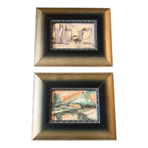 1960’s 2 Original Abstract Southwest Landscape Pen & Ink Drawing/Watercolor Painting Framed-Set of 2