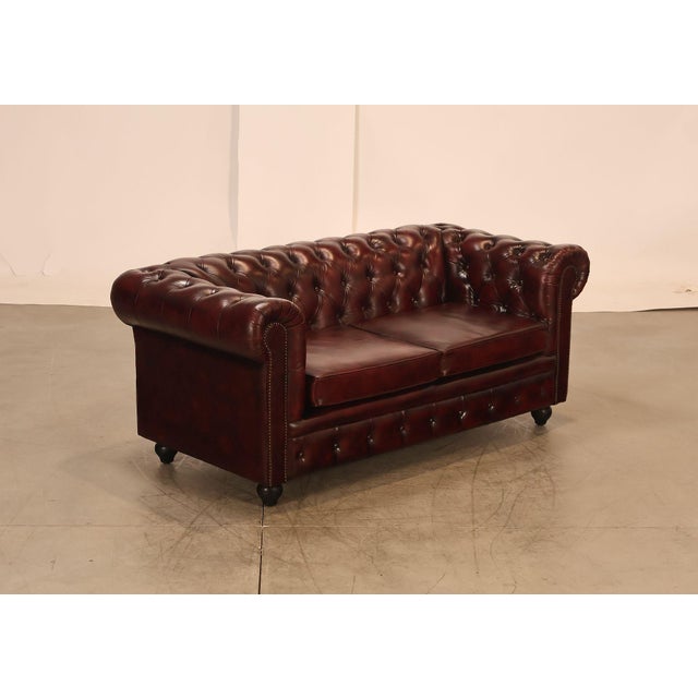 High Quality Tufted Red Leather Sofa or Loveseat with Brass Tack Trim and Loose Seat Cushions, Mounted on Turned Feet