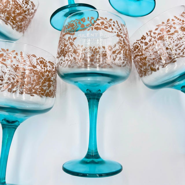 1980s Silent Pool Intricately Realised Copa Balloon Gin Glass Aqua 6pc Stem Goblets For Sale In Palm Springs - Image 6 of 7
