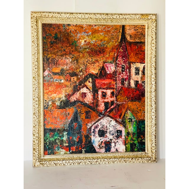 Abstract Vintage Abstract Cityscape Oil on Canvas Signed Artist For Sale - Image 3 of 14