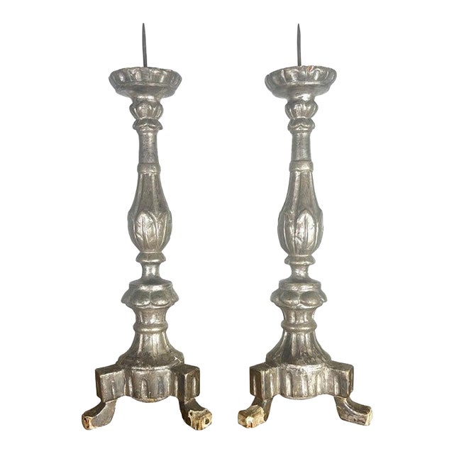 19th Century Italian Silver Gilt Neoclassical Hand-Carved Candlesticks For Sale