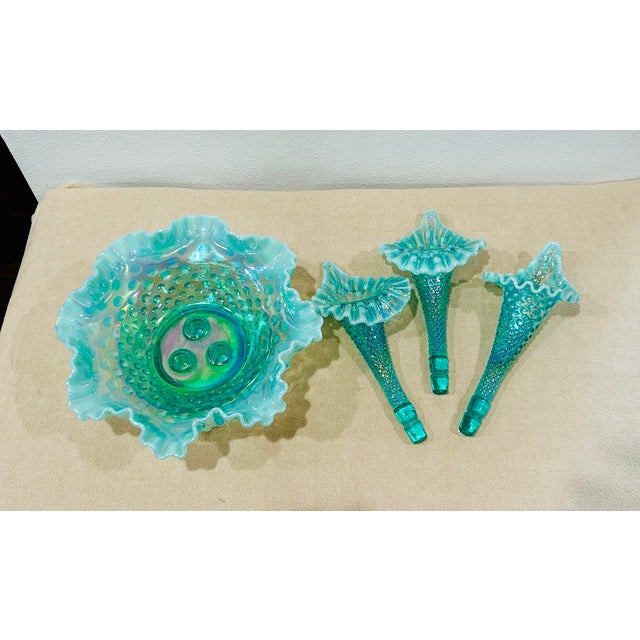 Vintage Fenton Hobnail Opalescent Sea Green Turquoise 3 Horn Epergne For Sale - Image 10 of 10