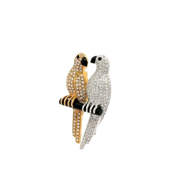 Early 21st Century Diamond Onyx 18k Gold Two-Tone Lovebirds Pendant-Brooch For Sale - Image 5 of 6