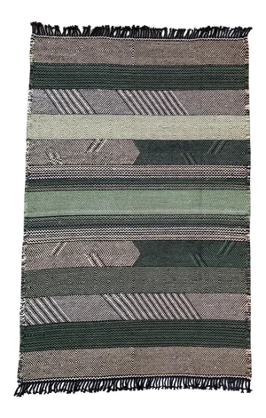 Green, Black, White and Tan Flat-Weave Moroccan Zanafi Wool Area Rug