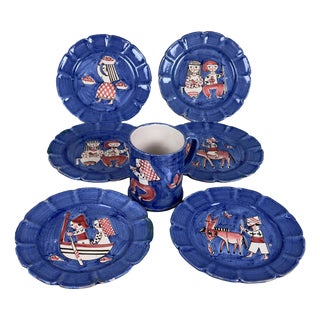 Saucers and Cup in Painted Ceramic, Set of 7 For Sale