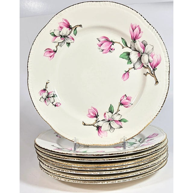 Gold Rimmed Pink Dogwood China Plates- Set of Eight For Sale - Image 6 of 13