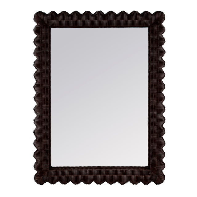 Glass Flora 30 in. W x 40 in. H Rectangular Rattan Scalloped Edge Wall Mirror, Chocolate For Sale - Image 7 of 7