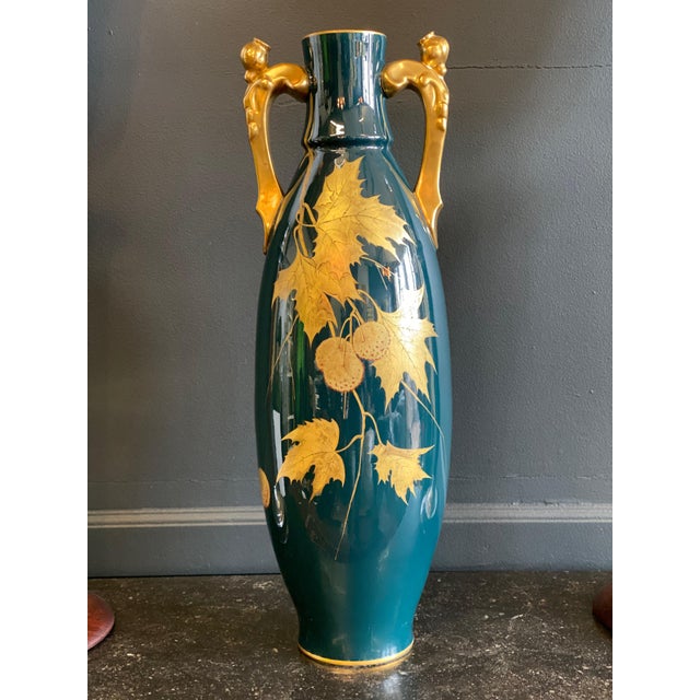 Antique Gustave Asch Blue Green and Gold Porcelain Vase For Sale - Image 4 of 5