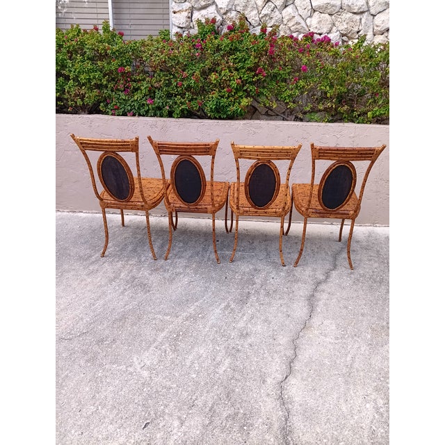 Mid-Century Modern 1970s Burnt Bamboo Tortoise Wicker Rattan Cane Dining Room Chair Glass Top Table Set of 5 For Sale - Image 3 of 12