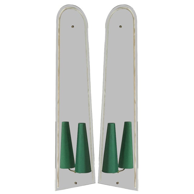 Large Italian Wall Mirrored Sconces with Dark Green Shades, 1950s, Set of 2, 1977, Set of 2 For Sale