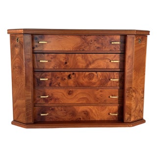Heavy Large Burlwood Jewelry Box Chest Safe With Locks and Beige Lining, Made in Italy For Sale