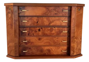 Heavy Large Burlwood Jewelry Box Chest Safe With Locks and Beige Lining, Made in Italy