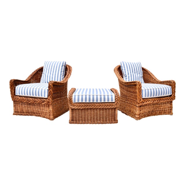 1980s Italian Wicker Works Braided Rattan Seating Set, 3 Pieces For Sale